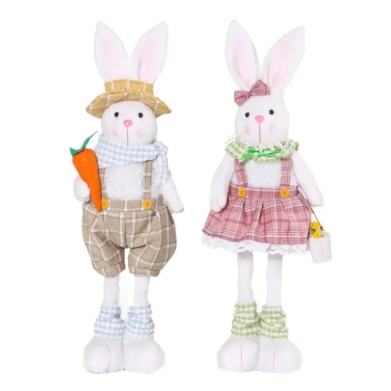 Ostern dekorative Kaninchen Cartoon einziehbare Bein Paar Kaninchen Puppe Home Ornament Overalls Rock Hase Puppe Ostern Party Geschenke