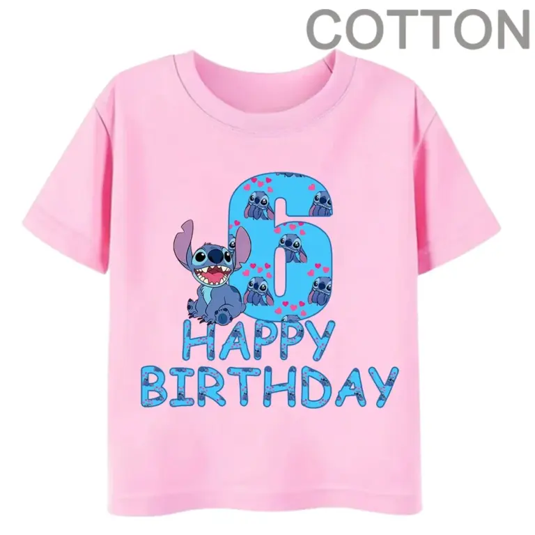 Rosa Lilo Stich Kinder Baumwolle T-Shirt Geburtstag Nummer 1-14 Kind Kawaii Junge Mädchen Freizeit kleidung Anime Cartoons Baby Tops T-Shirt 6