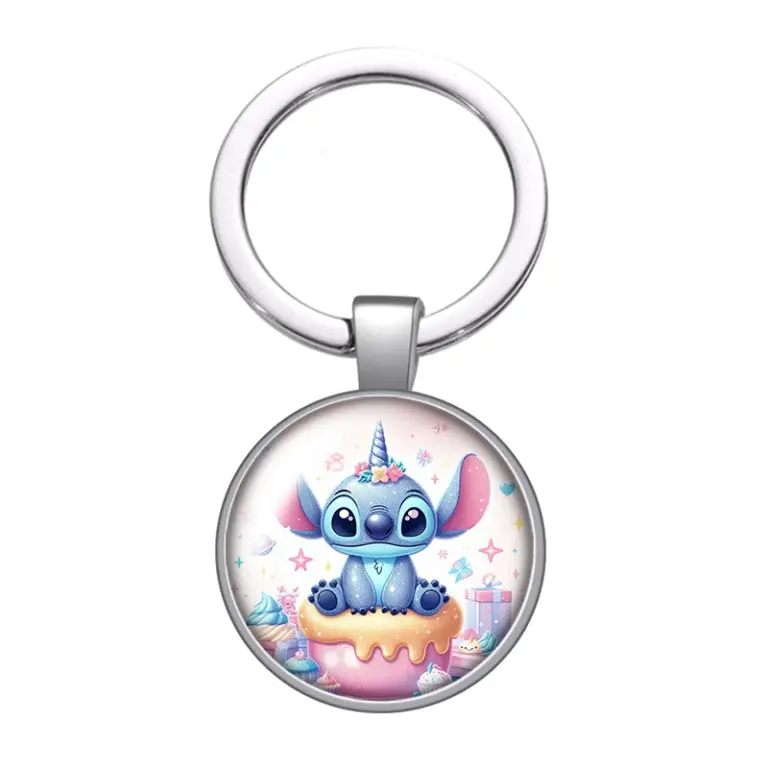 Disney Stitch köstlichen Donut Saft niedlichen Foto Glas Cabochon Schlüssel bund Tasche Auto Schlüssel anhänger Ring halter Charms Schlüssel anhänger Geschenk 3