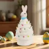 Ceramic Easter Bunny Tree Decoration with LED Lights Holiday Collectible Figurines Fireplace Table Farmhouse Spring Home Decor 6