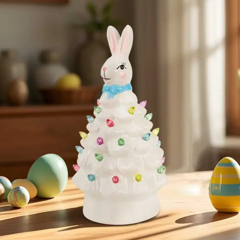 Ceramic Easter Bunny Tree Decoration with LED Lights Holiday Collectible Figurines Fireplace Table Farmhouse Spring Home Decor 6