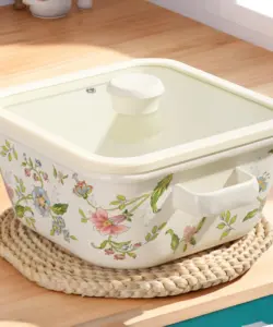 Großer quadratischer Eintopf Topf Emaille Vintage Blume Vogel Suppe Topf Doppel griff Käse gebackener Reis spezielle Pfanne Home Küche Kochgeschirr