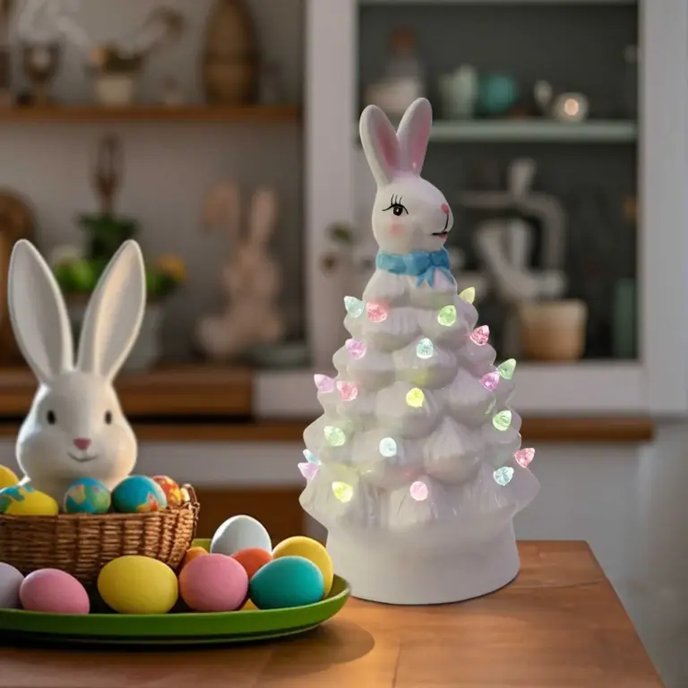 Ceramic Easter Bunny Tree Decoration with LED Lights Holiday Collectible Figurines Fireplace Table Farmhouse Spring Home Decor 1