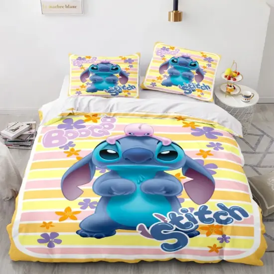 Disney Stitch Cartoon 3d bedruckte Bettwäsche dreiteilige Kinderheim Textil Set Bett bezug Kissen bezug 5