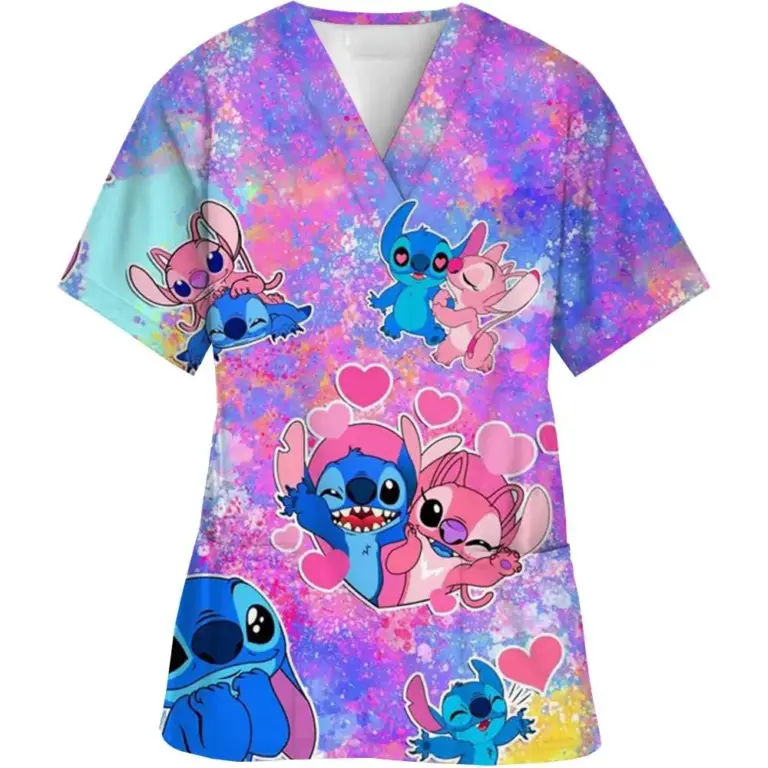 Y2k Top Uniform Omen Disney Kleidung Cartoon Stich Druck Krankens ch wester Arbeit Hemd Tasche Kleid Weihnachten Gesundheits wesen Peelings 2