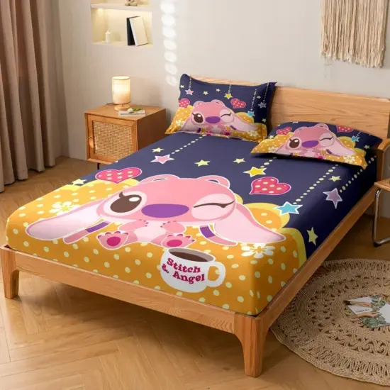 3-teiliges Cartoon-Anime-Stich muster mattes dreiteiliges Spann betttuch, Schlafzimmer bedrucktes Bettdecken-Set, Bettwäsche 4