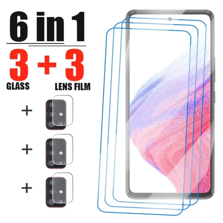 6 in1 gehärtetes Glas für Samsung Galaxy A53 A71 A52S A52 A51 A12 A21 A32 A13 S22 Plus A50 A72 A33 A23 A22 A31 A70 Kamera objektiv