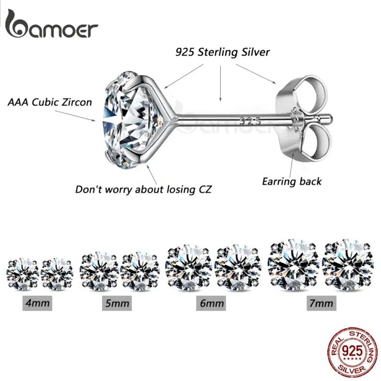 bamoer CZ Ohrstecker, 925er Sterlingsilber, platiniert, runde, hypoallergene Zirkonia-Ohrringe, 4 mm, 5 mm, 6 mm, 7 mm, BSE166 5