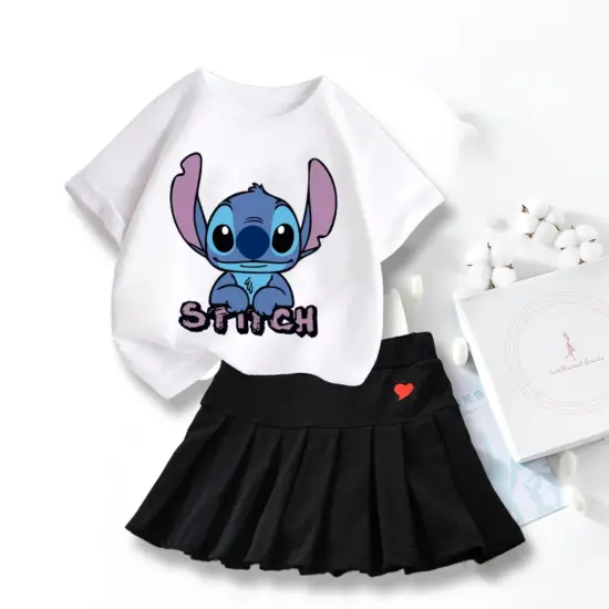 Neue süße Lilo Stitch T-Shirts Rock Set Kawaii Disney Cartoon Grafik T-Shirt Kinder Casual kurze Ärmel Tops Sommer Mädchen Kleidung 3