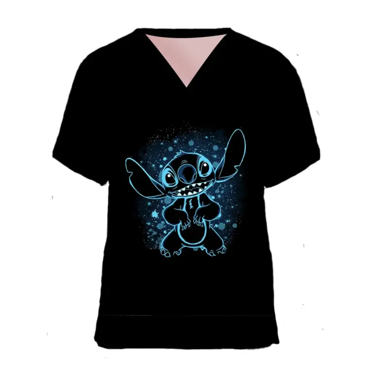 Sommer Disney Stitch T-Shirts Frauen Tasche lange T-Shirt Mädchen Kurzarm Krankenhaus tragen V-Ausschnitt Krankens ch wester Uniform T-Shirt Cartoon Top 6