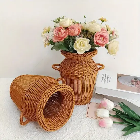 1 Stück klassischer gewebter Rattan-Blumenkorb, langlebig und waschbar, chinesisches Retro-Blumenarrangement, praktische Heimdekoration