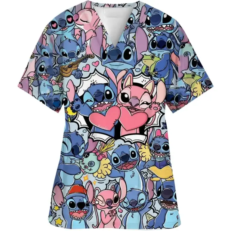 Y2k Top Uniform Omen Disney Kleidung Cartoon Stich Druck Krankens ch wester Arbeit Hemd Tasche Kleid Weihnachten Gesundheits wesen Peelings 5