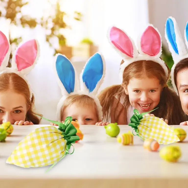 10 Stück Karotten-Geschenk-Verpackungsbeutel mit Kordelzug, niedliche Karottenform, kreatives Karomuster für Osterhasen-Dekoration 2