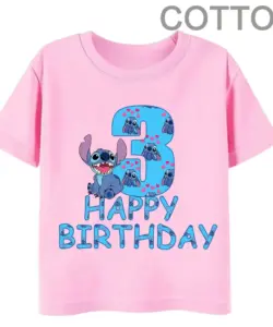 Rosa Lilo Stich Kinder Baumwolle T-Shirt Geburtstag Nummer 1-14 Kind Kawaii Junge Mädchen Freizeit kleidung Anime Cartoons Baby Tops T-Shirt