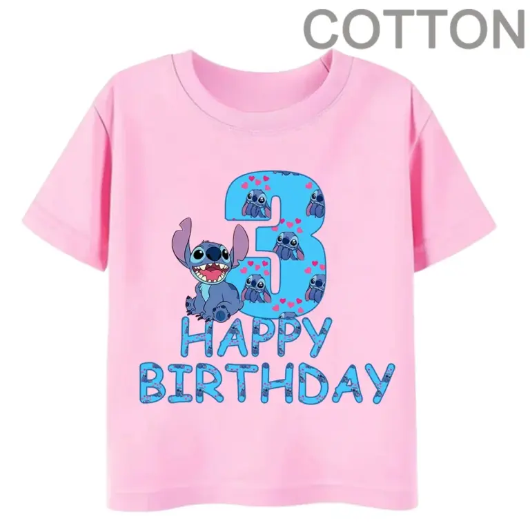 Rosa Lilo Stich Kinder Baumwolle T-Shirt Geburtstag Nummer 1-14 Kind Kawaii Junge Mädchen Freizeit kleidung Anime Cartoons Baby Tops T-Shirt