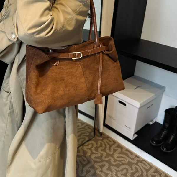 Damen-Umhängetasche aus Wildlederimitat, modische Vintage-Wildleder-Einkaufstasche, große Kapazität, Tasche mit Griff oben, Damen-Reise-Pendler-Handtaschen 5