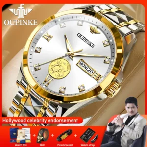 ﻿ OUPINKE 3259 Herrenuhr, automatische mechanische Uhr ﻿   Wasserdichte Uhren aus Wolframstahl für Herren, Dual-Kalenderuhr, echtes Gold