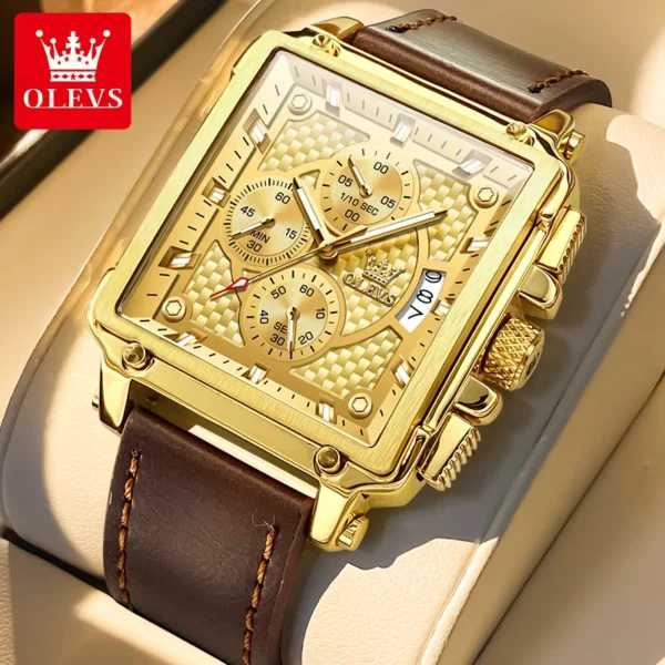 OLEVS Marke 9925 herren Uhren Gold Quadratischen Zifferblatt Quarz Männliche Uhr Original Lederband Mode Uhr 30 m wasserdicht Top Zehn 2