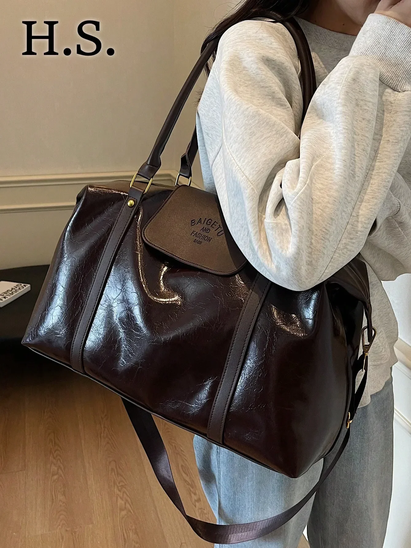 Modische Handtasche mit großem Fassungsvermögen, lässige Reisetasche für kurze Reisen, Urlaubs-Sporttasche, Retro-Umhängetasche aus PU-Leder mit Ölwachs-Glanz