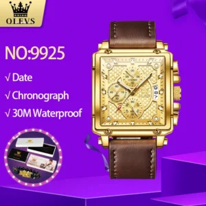 OLEVS Marke 9925 herren Uhren Gold Quadratischen Zifferblatt Quarz Männliche Uhr Original Lederband Mode Uhr 30 m wasserdicht Top Zehn