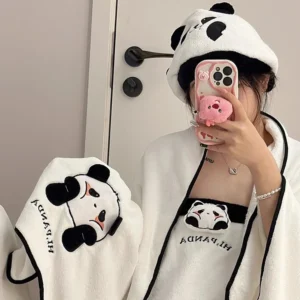 Niedliches Korallen-Fleece-Handtuch, Bad-Gesichtshandtuch-Set, Cartoon-Panda-Mädchen, Herz, trockenes Haar, Kappe, Bad, Rock, Wasseraufnahme, verdickt, 3er-Set