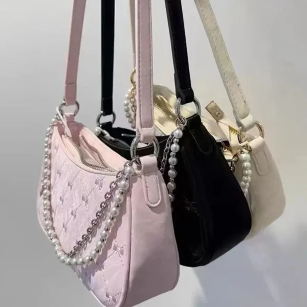Rosa Damen Umhängetasche Elegante süße Schleife Perlenketten Schleife Stickerei Handtasche Casual Leder koreanische Mode weibliche Handtasche 4