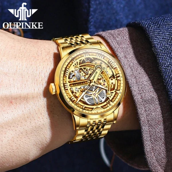 Oupinke 3173 Luxus Gold mechanische Uhr für Männer Hollow Top Marke Original automatische Armbanduhr 50m wasserdichte Leucht uhren 4
