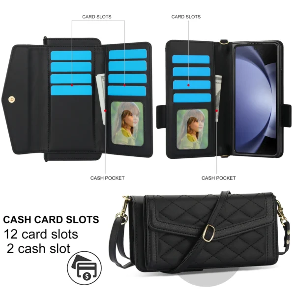 Luxus-Kartensteckplatz-Handyhalter-Ledertasche für Samsung Galaxy Z Fold 6, 5, 4, 3, mit S-Pen-Halter, Riemen, Umhängetasche, Brieftasche, Etui 5