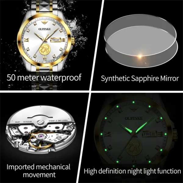 ﻿ OUPINKE 3259 Herrenuhr, automatische mechanische Uhr ﻿   Wasserdichte Uhren aus Wolframstahl für Herren, Dual-Kalenderuhr, echtes Gold 5