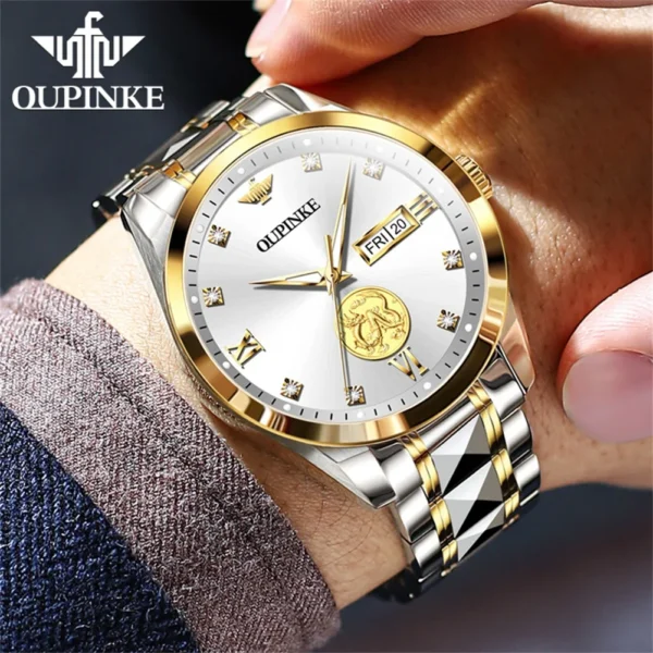 ﻿ OUPINKE 3259 Herrenuhr, automatische mechanische Uhr ﻿   Wasserdichte Uhren aus Wolframstahl für Herren, Dual-Kalenderuhr, echtes Gold 6