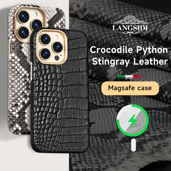 LANGSIDI Luxus Original Leder Krokodil Magnetische Hülle für iPhone 16 Pro Max Magsafe stoßfeste Abdeckung für iPhone 16 Pro