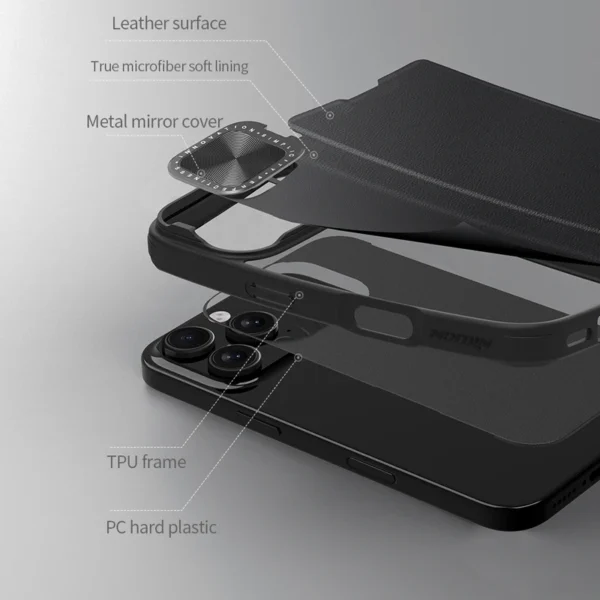 Nillkin Hülle für iPhone 16 Pro Max, luxuriöse Flip-Lederhülle, Metalllinse, Schutz, Ständer, Halter, Rückseite mit Kartensteckplatz 3