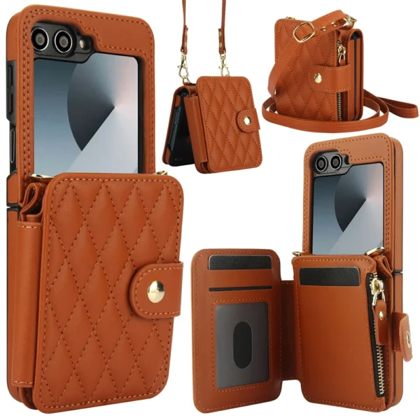 Umhängetasche mit Handschlaufe und Kartenhalter, Handyhülle für Samsung Galaxy Z Flip 6, 5, 4, 3, Flip6, Flip5, Flip4, Flip3, Lederhülle