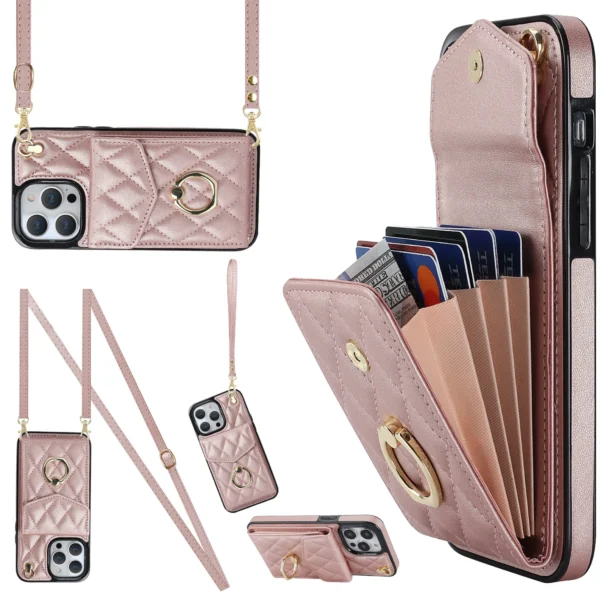 Crossbody Lanyard Ringhalter Ledertasche für iPhone 13 14 15 16 Pro Max 12 11 XS Max XS 8 7 Plus Multi-Kartensteckplatz Wallet Cover