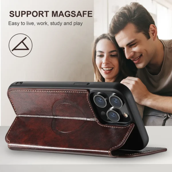 für iPhone 15 14 13 12 Pro Max Wallet Case [kompatibel mit Mag-Safe] Magnetisches Leder-Klapphülle mit Ständer und Kartenhalter 3