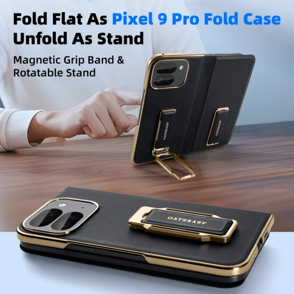Eary für Google Pixel 9 Pro Fold Handyhülle mit Dual-Armband Leder 360 ° Drehen Sie die stoßfeste Schutzabdeckung mit magnetischem Ständer 4