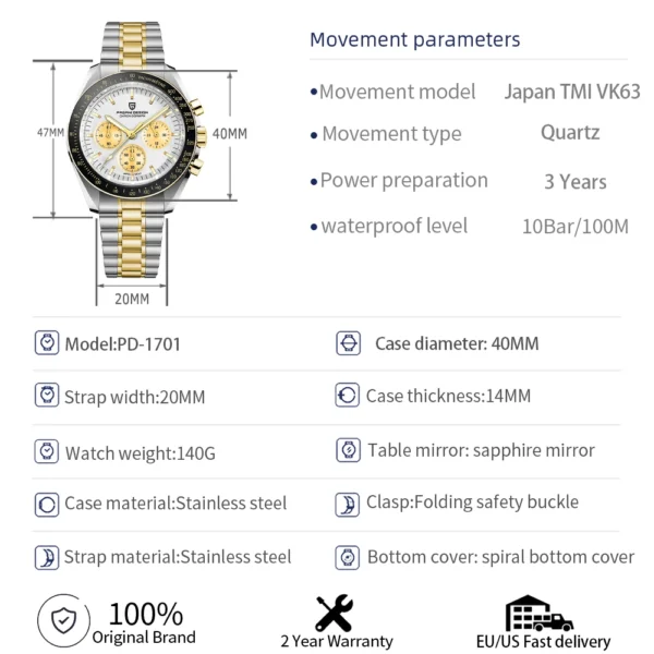 PAGANI DESIGN 2025, Silber, Gold, Mond, Luxus-Quarzuhren, Herren-Sport-Chronograph, Saphirglas, Edelstahluhr für Herren 6