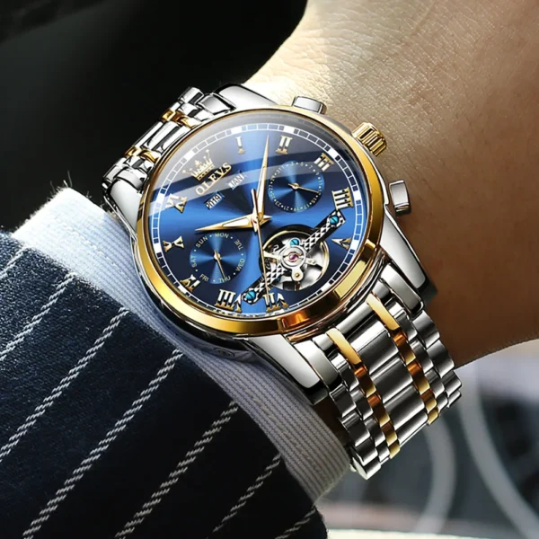 OLEVS herren Uhren Automatische Mechanische Business Armbanduhr Wasserdichte Edelstahl Armband Uhr für Mann Skeleton Kalender 4