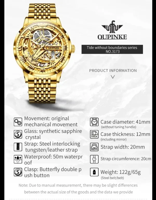 Oupinke 3173 Luxus Gold mechanische Uhr für Männer Hollow Top Marke Original automatische Armbanduhr 50m wasserdichte Leucht uhren 5
