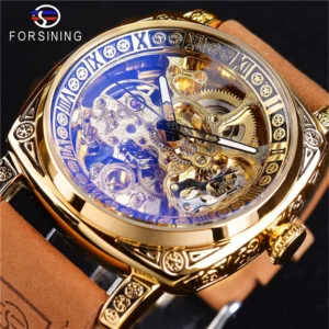 Forsining 403a Uhr für Männer Skelett automatische mechanische Armbanduhren Marke Luxus Silber Gold Leder Relogio Masculino