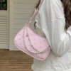 Rosa Damen Umhängetasche Elegante süße Schleife Perlenketten Schleife Stickerei Handtasche Casual Leder koreanische Mode weibliche Handtasche
