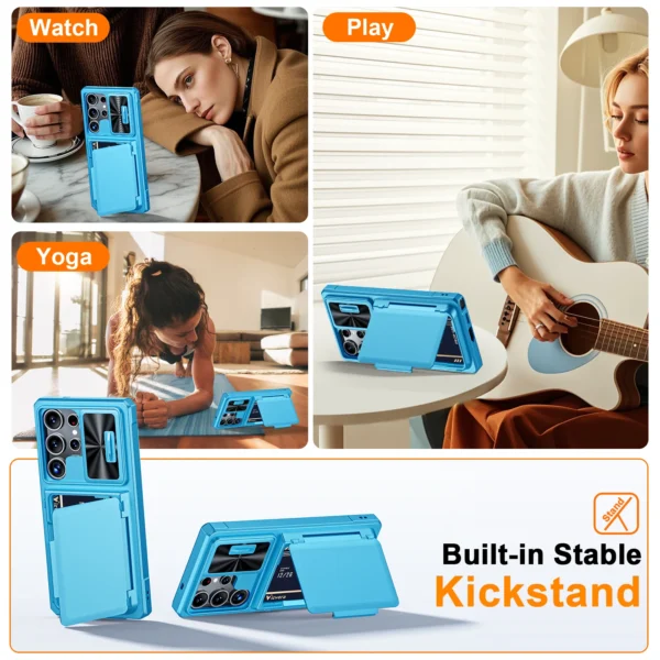 Mit Kartenhalter, verschiebbare Kameraabdeckung und Ständer für Samsung Galaxy S25 Ultra Handyhülle, Anti-Fall PC + TPU Wallet Case 6
