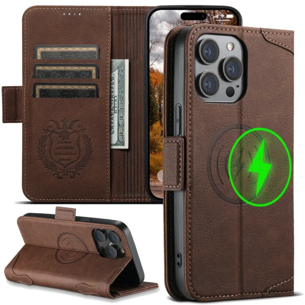 Kartenhalter-Brieftasche, Flip-Cover-Handyhülle, kompatibel mit MagSafe, magnetisches kabelloses Laden, für iPhone 16 Pro Max 15 Plus 14 13 12