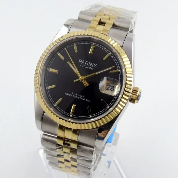 Parnis 36mm Herren Automatikuhr Miyota 821A 6T51 Luxus 5ATM Gold/Schwarz/Silber Zifferblatt Unisex Saphirglas Datum solides Armband 3