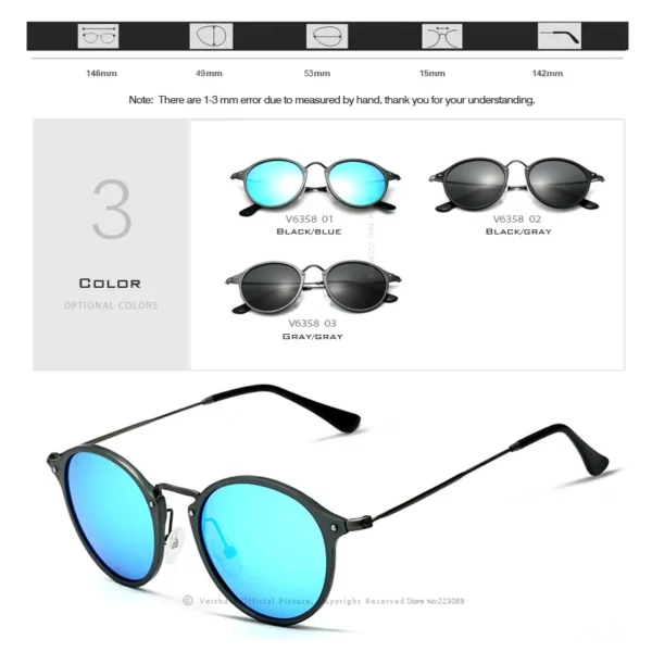 VEITHDIA Männer Sonnenbrille Mode Runde Unisex Sonnenbrille Polarisierte Beschichtung Spiegel Sport Fahren Männliche Brillen Für Frauen 6358 5