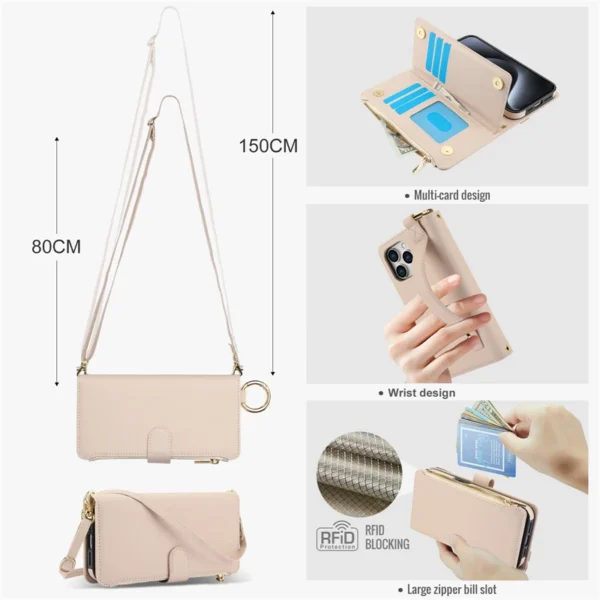 Multifunktions-Kartensteckplätze, Halter, Reißverschluss, Brieftasche, Flip-Telefonhülle für iPhone 15 14 13 12 11 Pro Max Plus XS XR X 15Pro, Riemenabdeckung 3