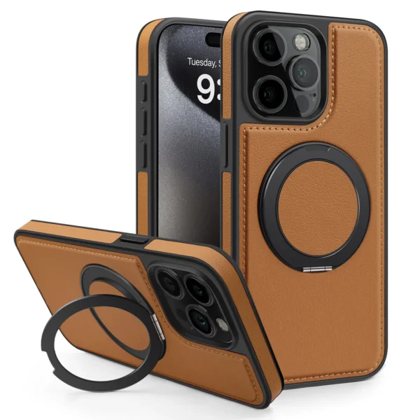 Für iPhone 16e/16 Pro Max 15 14 Plus 13 12 Handyhülle Magnetisches Metall 360 Ständer Luxus Nähte Leder stoßfeste Abdeckung