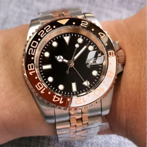 NH34AA GMT Zwei Ton Silber Rose Gold Tauchen Uhr für Männer Wurzel Bier Einsatz Wasserdichte Stahl Armbanduhr Reloj Hombre 904L Bracele
