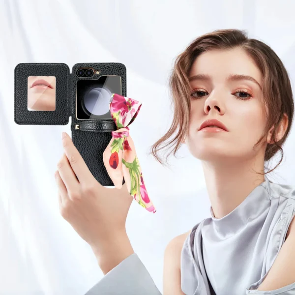 VIETAO Spiegel-Handyhülle für Samsung Galaxy Z Flip 6, Leder-Handyhülle mit Band für Samsung Z Flip 5, Z Flip 4 3 2