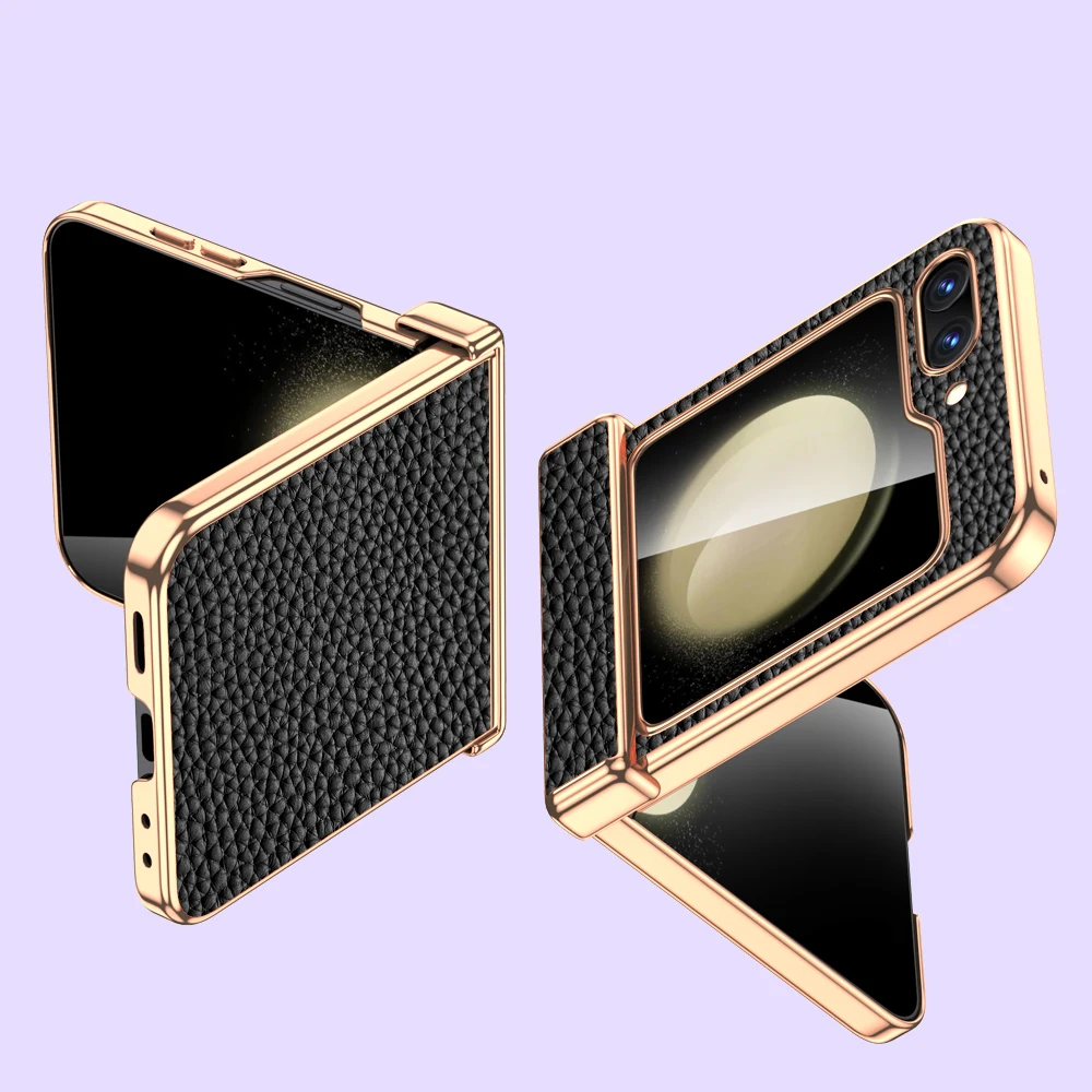 Langsidi Natur leder Handy hülle für Samsung Galaxy Z Flip5 Flip6 Flip 6 5 Luxus Scharnier Schutzhülle mit gehärtetem Glas 3